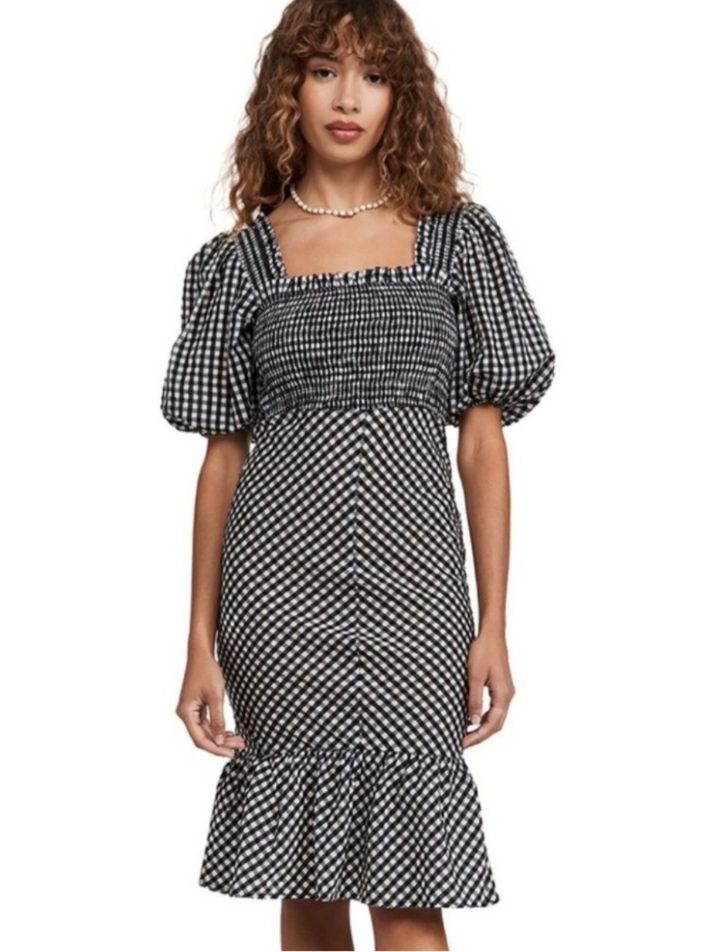 Ganni Black & White seersucker Gingham Midi Dress